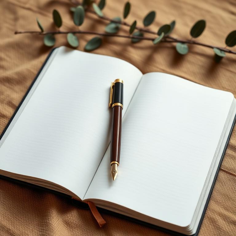 Caderno aberto e caneta sobre mesa clara