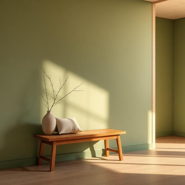 Sala de espera com banco de madeira e luz da manhã