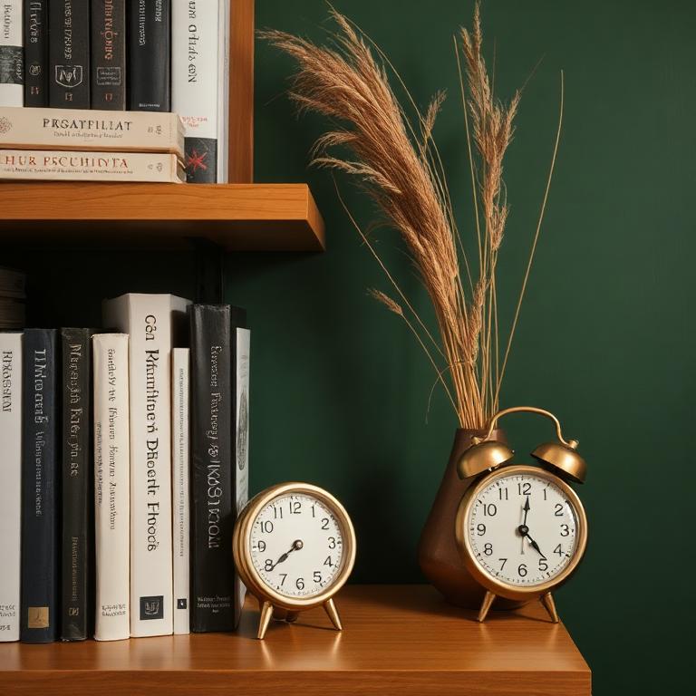 Estante com livros de psiquiatria e relógio de mesa